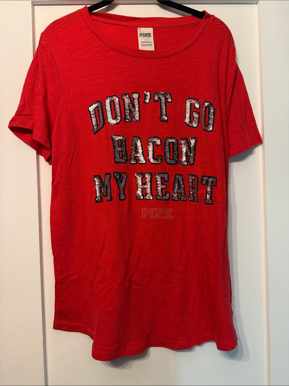 PINK Victoria's Secret Red Short Sleeve Graphic Tee - Sequin Lettering